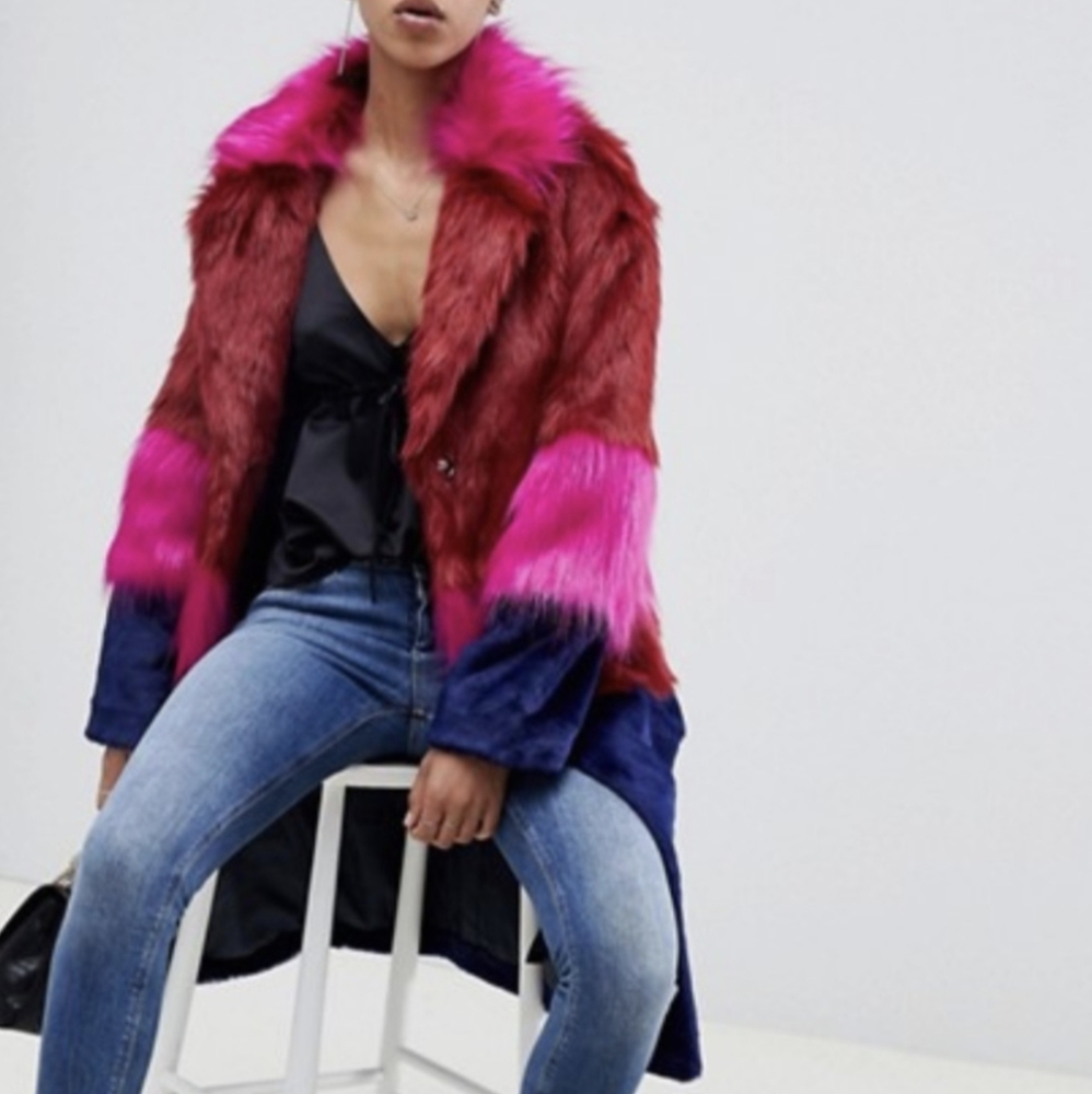 ASOS • Color Block Faux Fur Coat Size 4 - Picture 4 of 8
